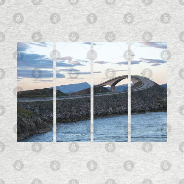 Wonderful landscapes in Norway. Vestland. Beautiful scenery of famous bridges on the Atlantic Road scenic route. Calm sea at the sunset in a cloudy day. Sunrays through clouds. by fabbroni-art